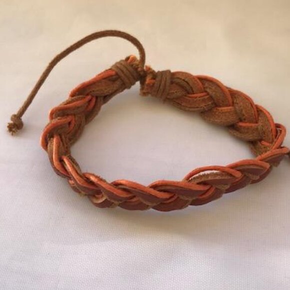 Brown & Orange Braided Leather Handmade Bracelet Adjustable Wristband - Picture 1 of 1